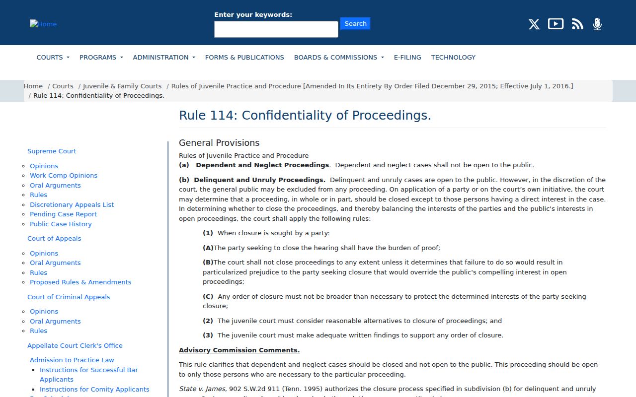 Tennessee Rule 114 juvenile confidentiality