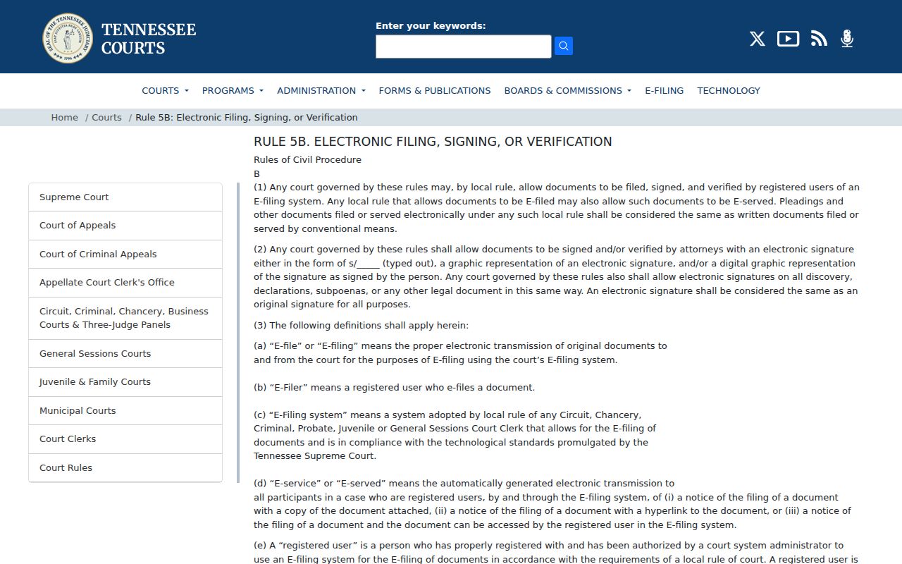 Tennessee Rule 5B electronic filing framework