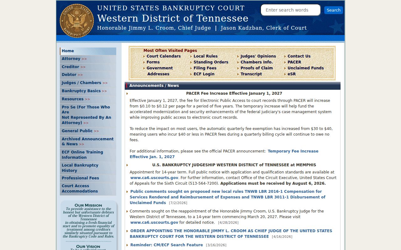 Western District of Tennessee Bankruptcy Court source for Medon federal matters